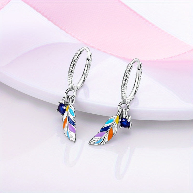 Sterling 925 Silver Hypoallergenic Ear Jewelry Colorful Feather Design Dangle Earrings Bohemian Elegant Style Trendy Female Gift